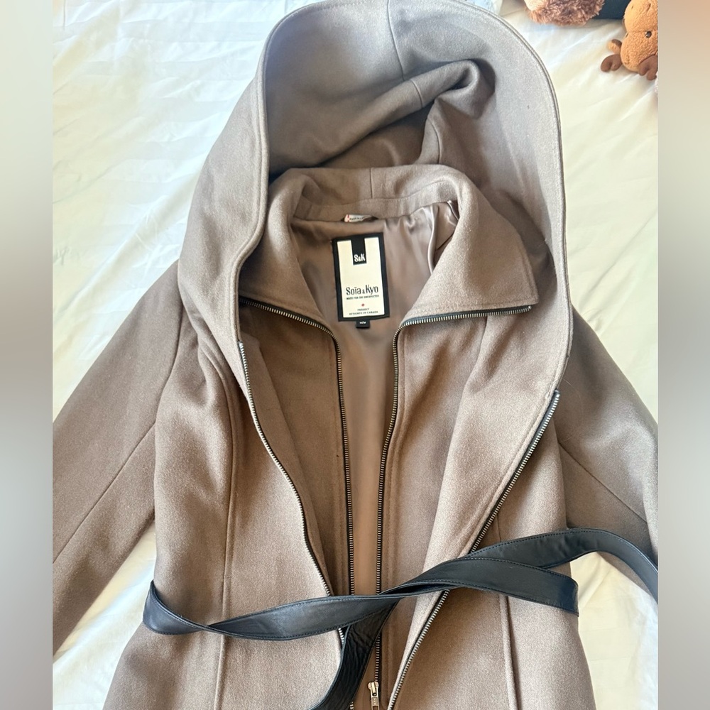 Soia & Kyo Brown Hooded Wool Coat with Black Leather Belt and Zippers